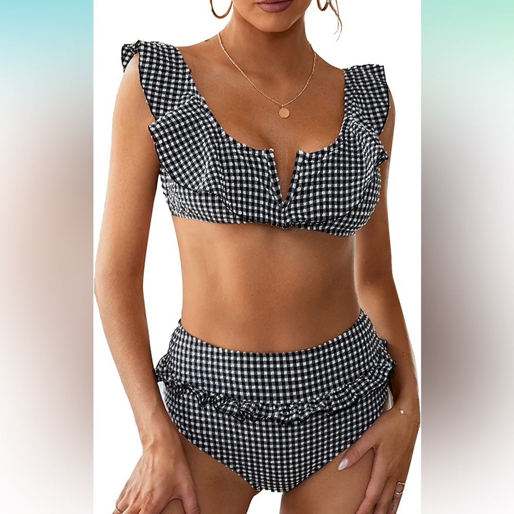 Two Piece High Waisted Bikini Set,Ruffle Flounce Tummy Control Bottom NWOT